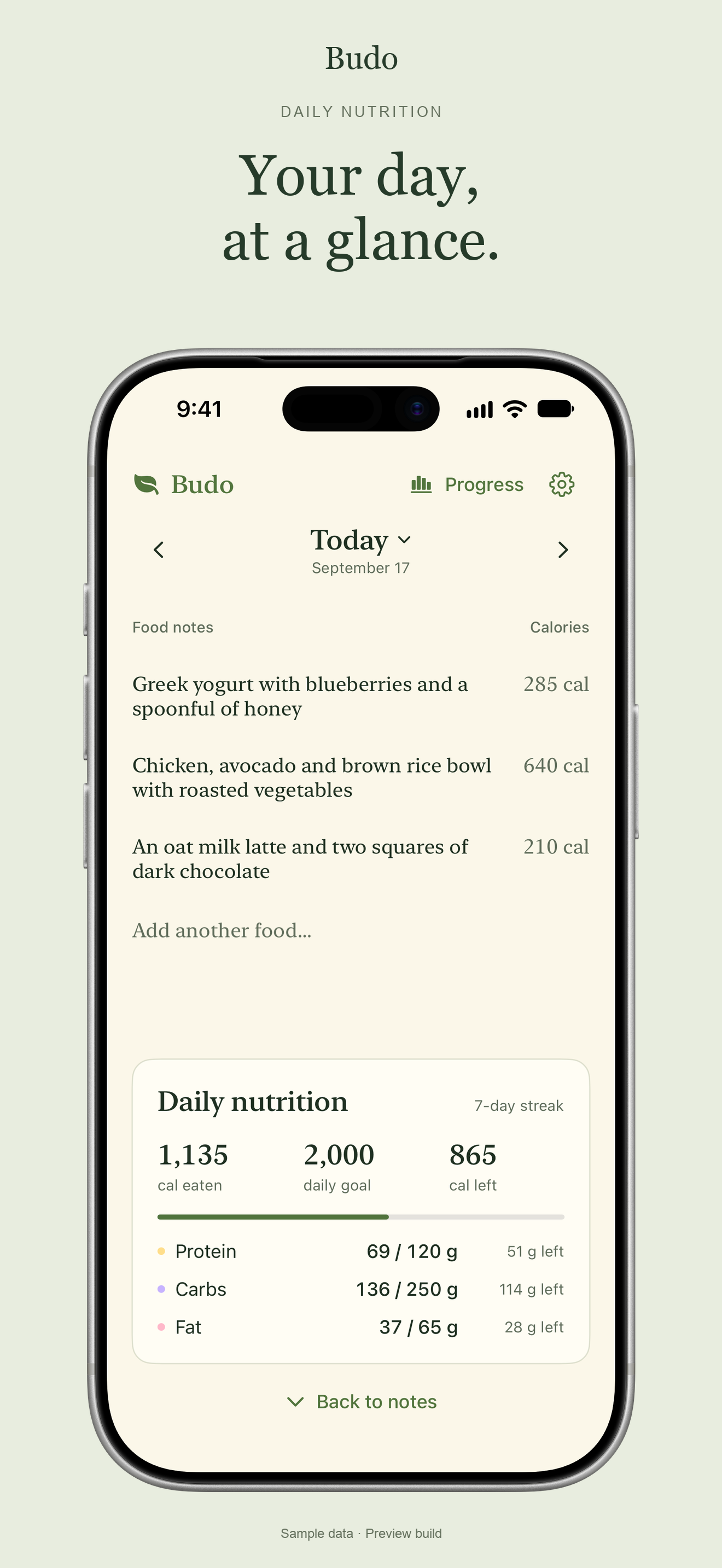 Budo daily nutrition: Your day, at a glance. A calorie goal and protein, carbohydrate, and fat totals, shown with sample data.