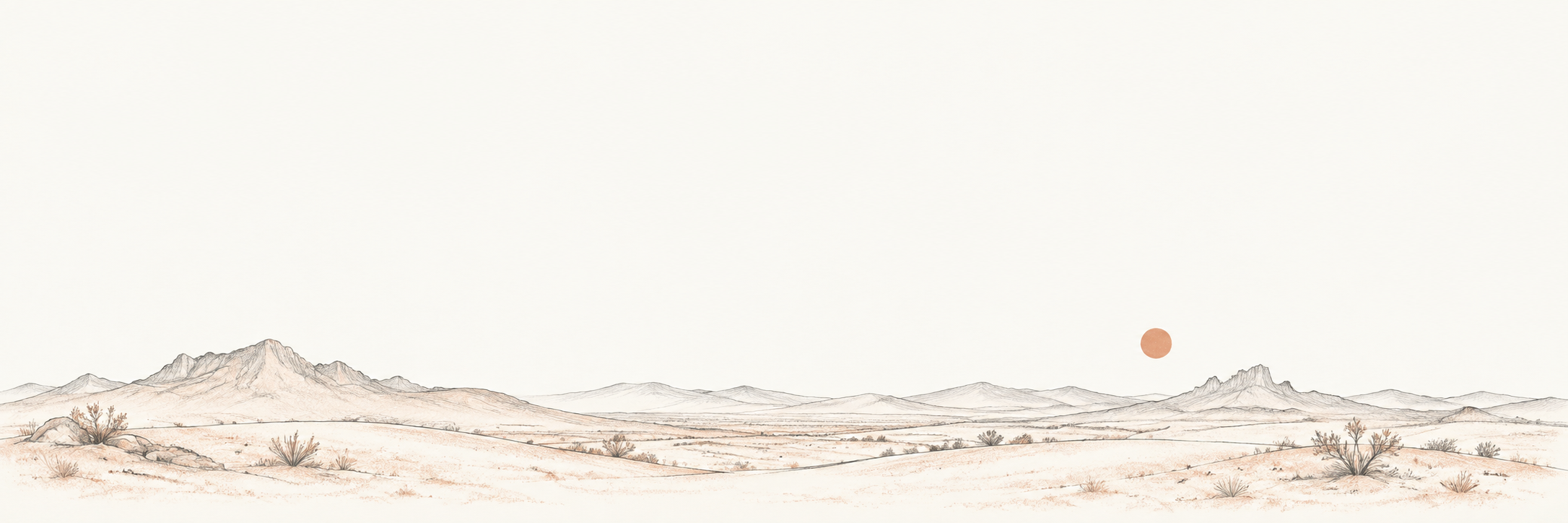 A quiet desert horizon in pencil, with a small terracotta sun.